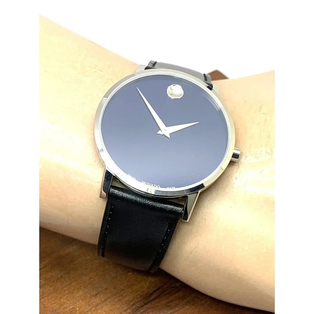 Movado Men's Watch 0607270 Museum Swiss Quartz Blue Dial Black Leather B…